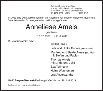 Traueranzeige von Anneliese Ameis von Siegener Zeitung