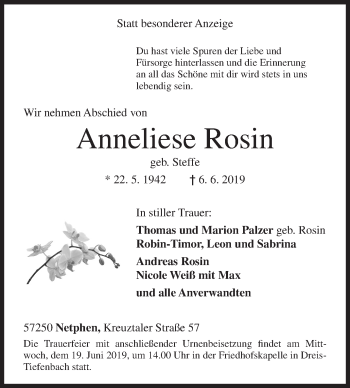 Traueranzeige von Anneliese Rosin von Siegener Zeitung