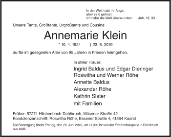 Traueranzeige von Annemarie Klein von Siegener Zeitung