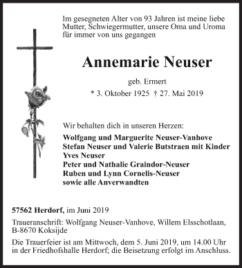 Traueranzeige von Annemarie Neuser von Siegener Zeitung
