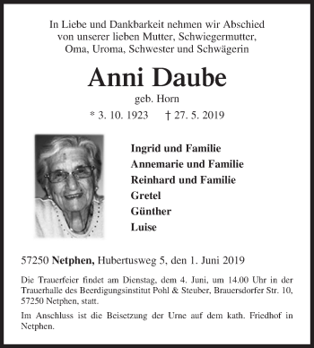 Traueranzeige von Anni Daube von Siegener Zeitung