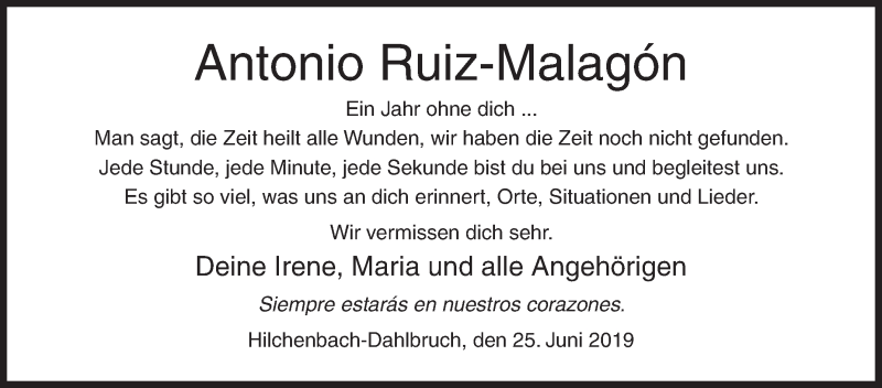  Traueranzeige für Antonio Ruiz-Malagon vom 25.06.2019 aus Siegener Zeitung