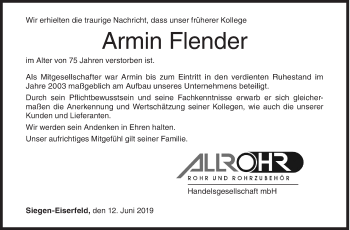Traueranzeige von Armin Flender von Siegener Zeitung
