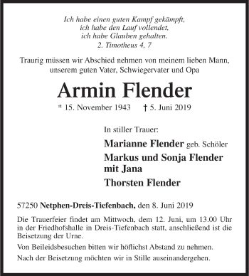 Traueranzeige von Armin Flender von Siegener Zeitung