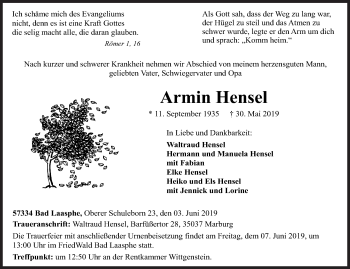 Traueranzeige von Armin Hensel von Siegener Zeitung