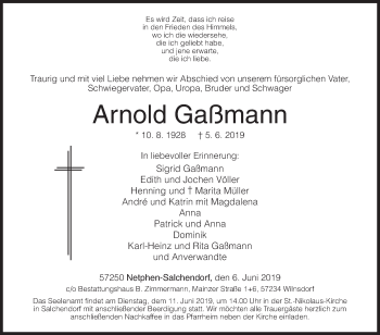Traueranzeige von Arnold Gaßmann von Siegener Zeitung