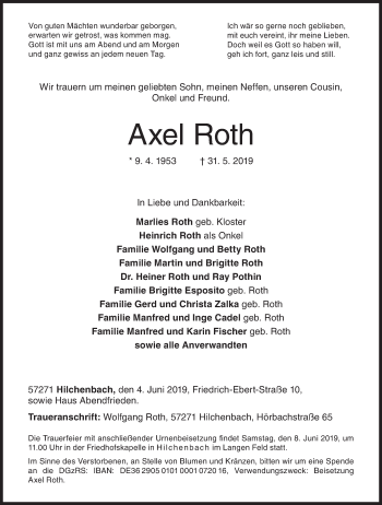 Traueranzeige von Axel Roth von Siegener Zeitung