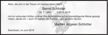 Traueranzeige von Bernd Schlotter von Siegener Zeitung