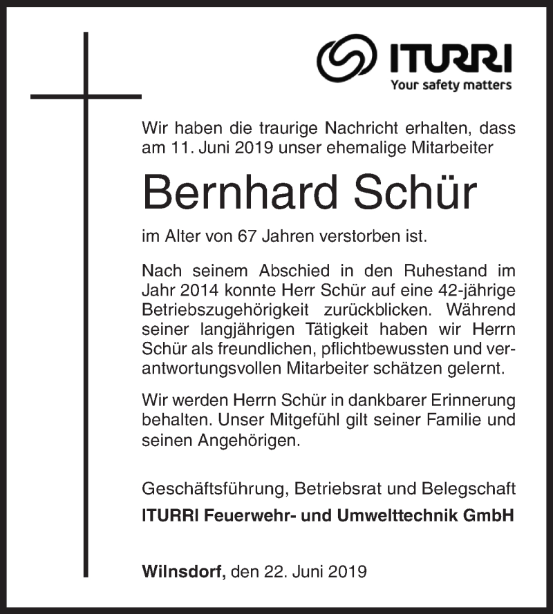  Traueranzeige für Bernhard Schür vom 22.06.2019 aus Siegener Zeitung