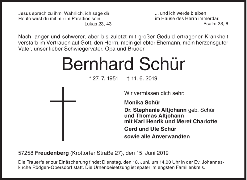  Traueranzeige für Bernhard Schür vom 15.06.2019 aus Siegener Zeitung