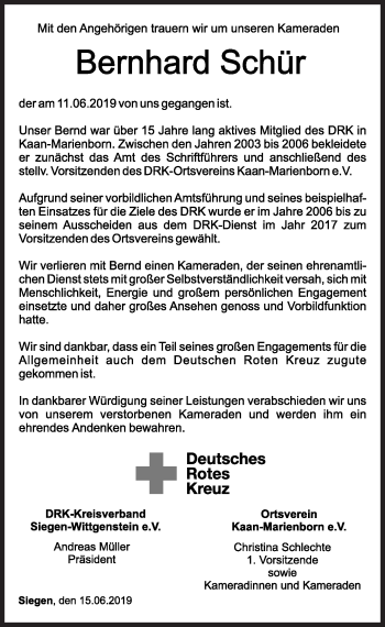 Traueranzeige von Bernhard Schür von Siegener Zeitung