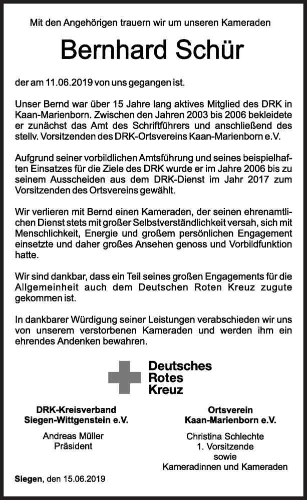  Traueranzeige für Bernhard Schür vom 15.06.2019 aus Siegener Zeitung