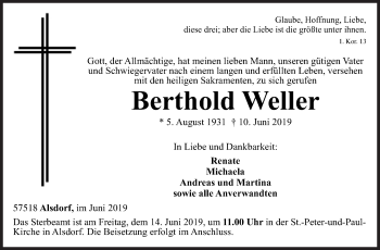 Traueranzeige von Berthold Weller von Siegener Zeitung