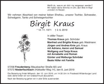 Traueranzeige von Birgit Kraus von Siegener Zeitung