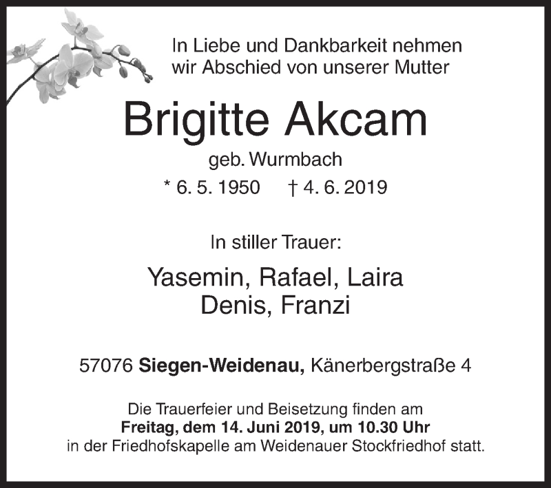  Traueranzeige für Brigitte Akcam vom 08.06.2019 aus Siegener Zeitung