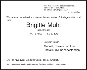 Traueranzeige von Brigitte Muhl von Siegener Zeitung