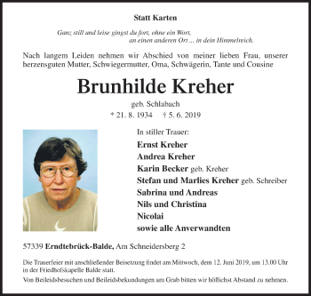 Traueranzeige von Brunhilde Kreher von Siegener Zeitung