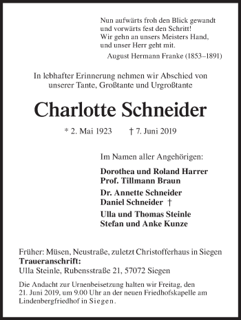 Traueranzeige von Charlotte Schneider von Siegener Zeitung
