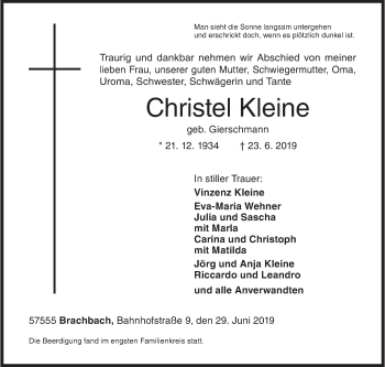 Traueranzeige von Christel Kleine von Siegener Zeitung