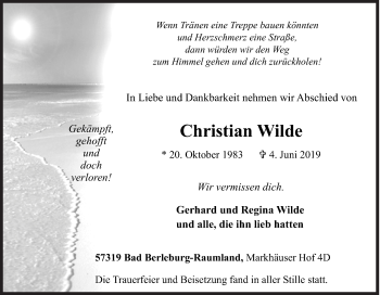 Traueranzeige von Christian Wilde von Siegener Zeitung
