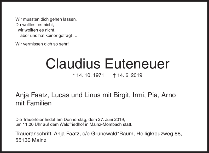 Traueranzeige für Claudius Euteneuer vom 22.06.2019 aus Siegener Zeitung