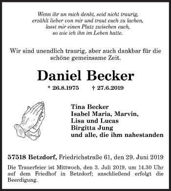 Traueranzeige von Daniel Becker von Siegener Zeitung