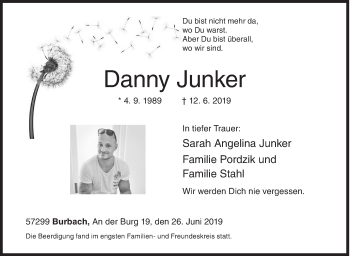 Traueranzeige von Danny Junker von Siegener Zeitung