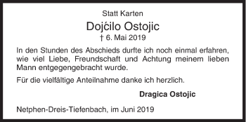 Traueranzeige von Dojcilo Ostojic von Siegener Zeitung