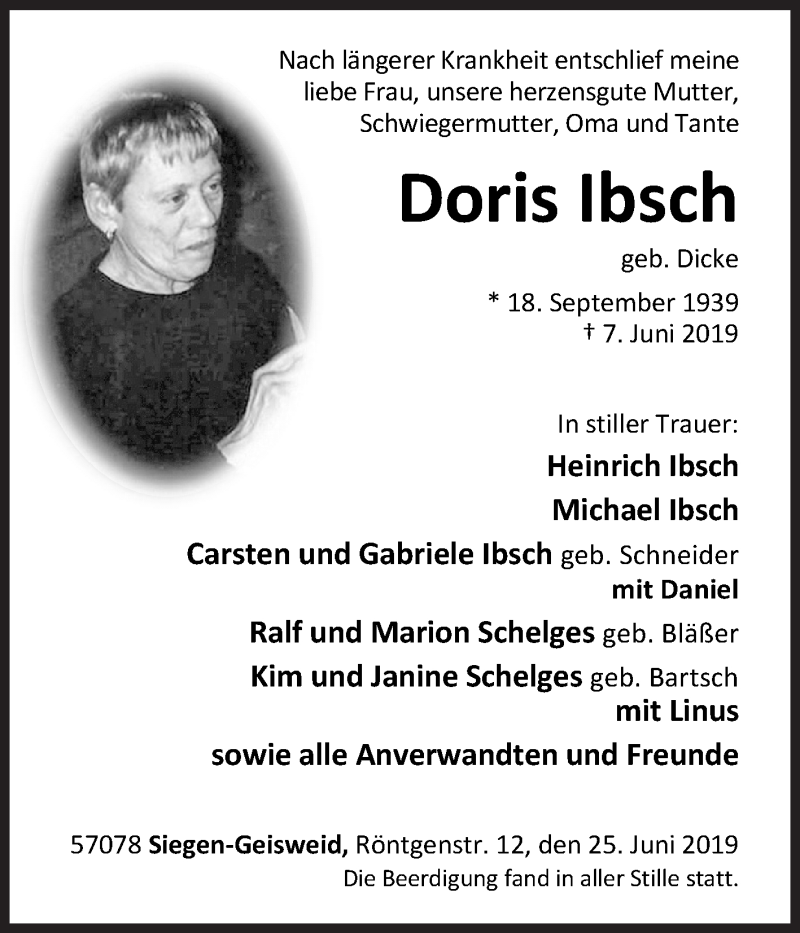  Traueranzeige für Doris Ibsch vom 25.06.2019 aus Siegener Zeitung