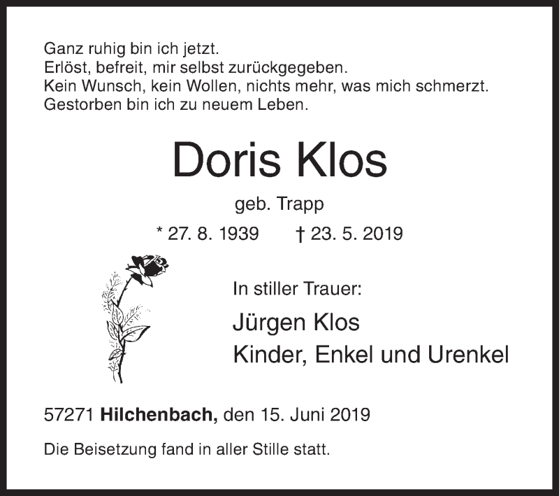  Traueranzeige für Doris Klos vom 15.06.2019 aus Siegener Zeitung