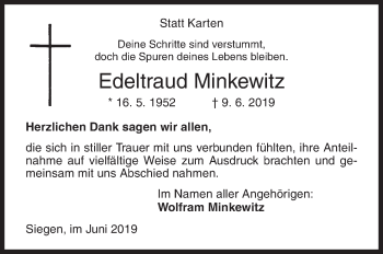Traueranzeige von Edeltraud Minkewitz von Siegener Zeitung