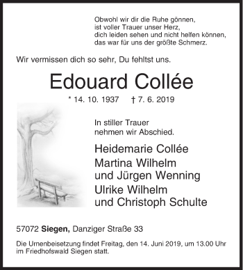 Traueranzeige von Edouard Collee von Siegener Zeitung
