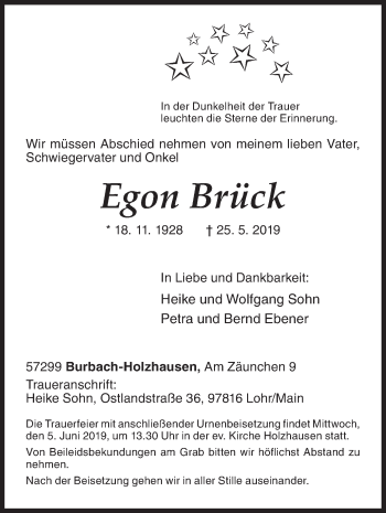 Traueranzeige von Egon Brück von Siegener Zeitung