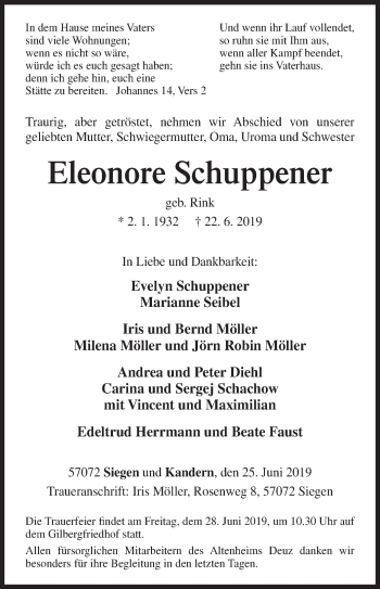 Traueranzeige von Eleonore Schuppener von Siegener Zeitung