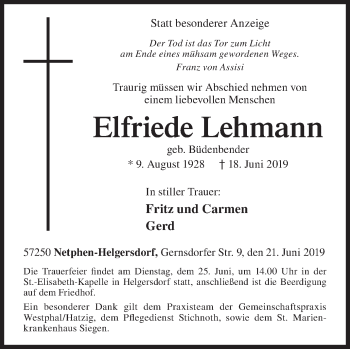 Traueranzeige von Elfriede Lehmann von Siegener Zeitung