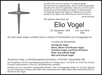 Traueranzeige von Elio Vogel von Siegener Zeitung