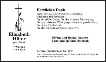 Traueranzeige von Elisabeth Höfer von Siegener Zeitung