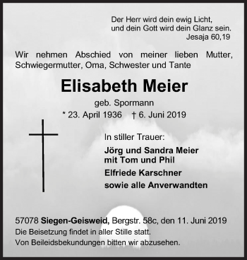 Traueranzeige von Elisabeth Meier von Siegener Zeitung