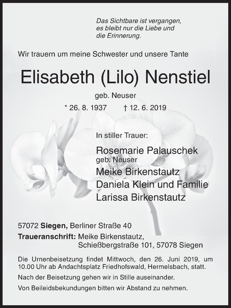  Traueranzeige für Elisabeth Nenstiel vom 22.06.2019 aus Siegener Zeitung
