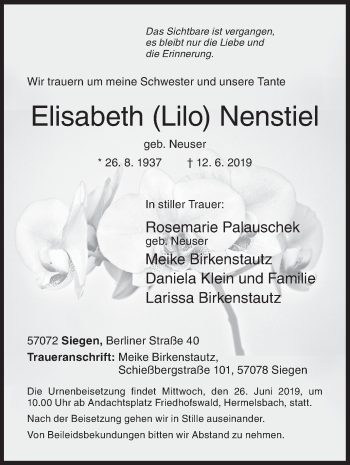 Traueranzeige von Elisabeth Nenstiel von Siegener Zeitung