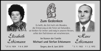 Traueranzeige von Elisabeth und Hans Erbismann von Siegener Zeitung