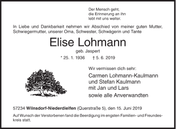 Traueranzeige von Elise Lohmann von Siegener Zeitung