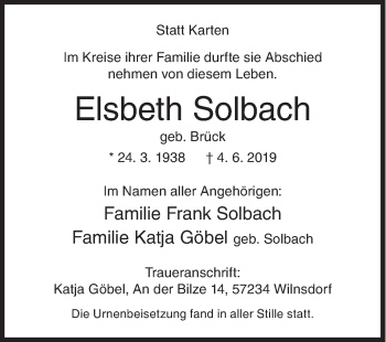 Traueranzeige von Elsbeth Solbach von Siegener Zeitung