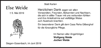 Traueranzeige von Else Weide von Siegener Zeitung