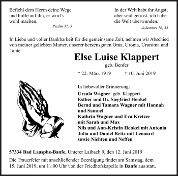 Traueranzeige von Else Luise Klappert von Siegener Zeitung