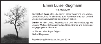 Traueranzeige von Emmi Luise Klugmann von Siegener Zeitung
