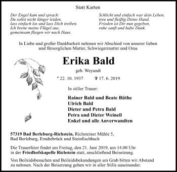 Traueranzeige von Erika Bald von Siegener Zeitung