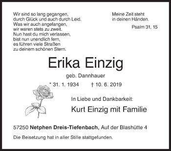 Traueranzeige von Erika Einzig von Siegener Zeitung