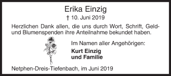 Traueranzeige von Erika Einzig von Siegener Zeitung