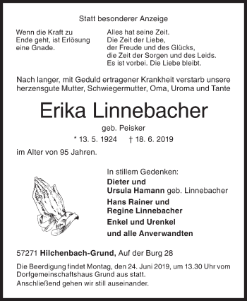 Traueranzeige von Erika Linnebacher von Siegener Zeitung